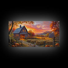 Load image into Gallery viewer, Cozy Barn at Sunset Framed Canvas Print, Fall Harvest Wall Art, Country Farmhouse Autumn Decor, Seasonal Gift Idea Best Fall Wall Art