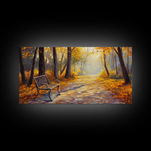 Load image into Gallery viewer, Autumn Path Bench Framed Canvas Print, Serene Fall Landscape Wall Art, Cozy Farmhouse Decor, Seasonal Wall Art Gift Idea