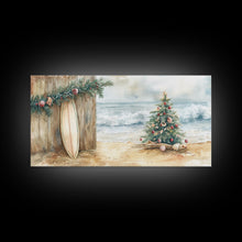 Cargar imagen en el visor de la galería, Christmas Tree On Sandy Beach With Surfboard Coastal Decor Framed Canvas Print, Beach Christmas Decor Wall Art