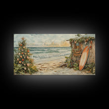 Cargar imagen en el visor de la galería, Christmas Tree Beside Rustic Beach House Coastal Holiday Scene Framed Canvas Print, Beach Christmas Wall Art And Decor