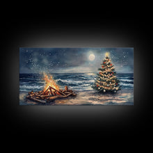 Load image into Gallery viewer, Cozy Bonfire On Beach With Christmas Tree Framed Canvas Print, Nighttime Winter Beach Holiday Wall Art And Coastal Decor