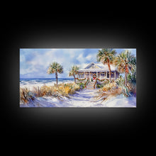 Load image into Gallery viewer, Snowy tropical Christmas decor scene, Framed Canvas Print beach house wreath and holiday lights, winter coastal home decor Christmas art