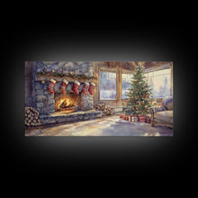 Load image into Gallery viewer, Snowy cabin lake scene at dusk with Christmas lights, Framed Canvas Print with a warm cabin glow, for winter wall art Christmas home decor