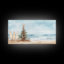 Load image into Gallery viewer, Beach Christmas scene with surfboards and decorated tree, tropical holiday art framed canvas print, perfect coastal seasonal decor