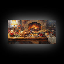 Load image into Gallery viewer, Cozy Thanksgiving Feast by Fireplace Framed Canvas Print Seasonal Wall Art, Rustic Fall Decor, Harvest Celebration Art Print for Home
