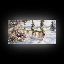 Load image into Gallery viewer, Snowy porch scene with wreaths and holiday greenery, framed canvas print, cozy winter Christmas decor perfect holiday wall display