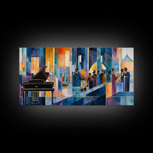 Load image into Gallery viewer, Abstract jazz party scene with grand piano, colorful stained glass aesthetic, framed canvas print ideal vibrant music wall art decor
