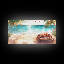 Load image into Gallery viewer, Beach Christmas decor picnic setup with palm trees and lights, framed canvas print showcasing tropical coastal holiday art decor