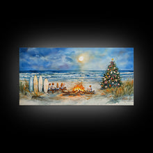 Cargar imagen en el visor de la galería, Christmas bonfire on the beach with surfboards and decorated tree, framed canvas print ideal tropical holiday wall art decor