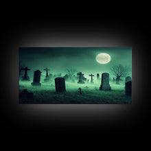 Carregar imagem no visualizador da galeria, Full Moon Over A Haunted Cemetery At Night, Spooky Creepy Graveyard, ready to hang canvas print wall art, Halloween Art