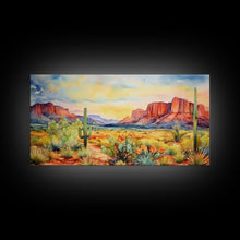 Load image into Gallery viewer, Boho Whimsical Wall Art, Pastel Desert Print, Framed Canvas Art, Unique Wall Art, Minimalist MCM Style Wall Art, Landscape Painting