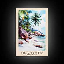 Load image into Gallery viewer, Anse Cocos, Seychelles Watercolor Beach Print, Vacation Gift, Seychelles Wall Art, Beach Painting, Beach Decor, Beach Painting