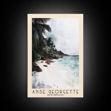 Load image into Gallery viewer, Anse Georgette, Seychelles Watercolor Beach Print, Vacation Gift, Seychelles Wall Art, Framed Canvas Print, Framed Beach Painting