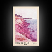 Load image into Gallery viewer, Côte de Granit Rose, France Watercolor Beach Print, Vacation Gift, France Wall Art, Framed Canvas Print, Framed Beach Painting