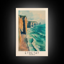Load image into Gallery viewer, Étretat, France Watercolor Print, Vacation Gift, France Wall Art, Beach Painting, Beach Decor, Large Wall Art, Wood Frame Art