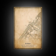 Load image into Gallery viewer, Dubai UAE map print poster or framed canvas, Dubai map print poster canvas, Dubai city map print poster canvas, Vintage Travel Art