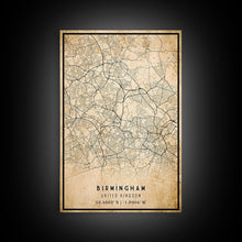 Load image into Gallery viewer, Birmingham UK map print poster or framed canvas, England map print poster canvas, UK city map print poster canvas, Vintage Travel Art