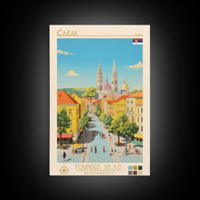 Carregar imagem no visualizador da galeria, Čačak Serbia Travel Poster Framed Canvas Print, Midcentury Modern Art, Pop Art Wall Decor, Living Room Art, Scenic Wall Art
