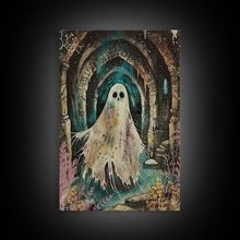 Carregar imagem no visualizador da galeria, Ghostly Figure in Ancient Ruins Framed Canvas Print, Haunted Ruins Decor, Halloween Ghost Art, Eerie Ghostly Wall Art, Spooky Ghost Print