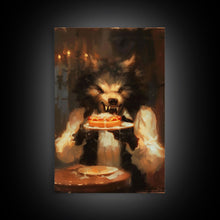 Load image into Gallery viewer, Halloween Werewolf Eating Hotdog, Framed Canvas Print, Wall Art, Spooky Artwork, Fantasy Decor, Halloween Decor, Whimsical Funny Halloween