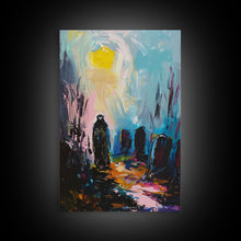 Load image into Gallery viewer, Creepy Haunted Cemetary Framed Canvas Print Halloween Art, Impasto Style Spooky Season Decor