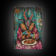 Carregar imagem no visualizador da galeria, A demon eating some hot wings - hope he didn't sell his soul for them they look pretty good! Halloween Wall Art Framed Canvas