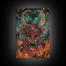 Cargar imagen en el visor de la galería, Fantastical Demon with Stars Framed Canvas Print | Halloween Monster Art | Spooky Starry Art | Scary Demon Art for Home Decoration