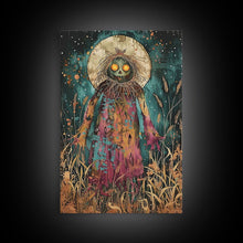 Load image into Gallery viewer, Creepy Moonlit Scarecrow Framed Canvas Print | Halloween Art | Spooky Harvest Artwork | Sinister Scarecrow Art for Home Decor