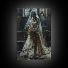 Load image into Gallery viewer, Ghostly Bride in Abandoned Church Framed Canvas Print | Halloween Bride Art | Eerie Bride Decor for Home | Haunted Wedding Artwork