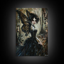 Load image into Gallery viewer, Dark Gothic Fairy with Butterfly Wings| Halloween Wall Art | Spooky Home Decor | Creepy Gothic Fairy Painting | Framed Canvas Print
