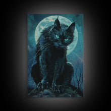 Load image into Gallery viewer, Black Cat with Piercing Eyes Against Full Moon | Halloween Wall Art | Spooky Home Decor | Creepy Black Cat Painting | Framed Canvas Print