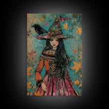 Load image into Gallery viewer, Enchanting Witch with Raven - Halloween Wall Decor - Spooky Home Art Print - Halloween Gift for Witch Lovers - Creepy Art Halloween Decor