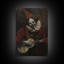 Load image into Gallery viewer, Creepy Clown Playing Guitar, Framed Canvas Print, Spooky Circus Art, Halloween Wall Decor, Horror Clown Illustration, Creepy Home Decor