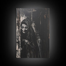 Load image into Gallery viewer, Haunted Nun with Eerie Expression, Framed Canvas Print, Gothic Halloween Art, Spooky Religious Decor, Scary Nun Painting, Gothic Home Art