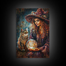 Load image into Gallery viewer, Enchanting Witch with Crystal Ball, Framed Canvas Print, Mystical Halloween Art, Spooky Witch Decor, Witchcraft Illustration, Magical Decor