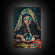 Load image into Gallery viewer, Enchanting Fortune Teller with Crystal Ball Under Moonlight - Mystical Witchcraft Framed Canvas Print, Halloween Gothic Home Decor