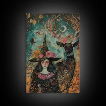 Load image into Gallery viewer, Elegant Witch with Tortoise - Halloween Art, Gothic Art, Spooky Decor, Dark Nature Art, Haunting Portrait, Framed Canvas Print