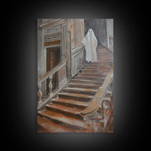 Load image into Gallery viewer, Ghost On Stairs Canvas Print - Halloween Art, Spooky Home Decor, Ghost Wall Art, Haunted House Decor, Halloween Decor, Framed Canvas Print