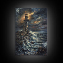 Load image into Gallery viewer, Eerie Castle on Cliff, Halloween Art Print, Spooky Home Decor, Framed Canvas Print, Creepy Art, Halloween Wall Decor, Seasonal Wall Art