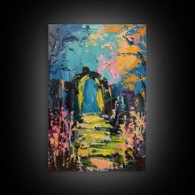 Load image into Gallery viewer, Enchanted Path Framed Canvas Print, Halloween Art, Spooky Garden, Haunted Walkway, Fall Decor Gothic Decor, Ghostly Archway, Eerie Landscape