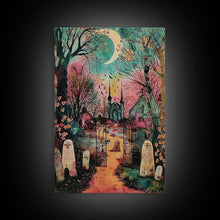 Load image into Gallery viewer, Creepy Moonlit Trees Framed Canvas Print, Haunted Forest Art, Halloween Night Scene, Eerie Woods Decor, Spooky Artwork, Framed Canvas Print