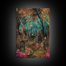 Load image into Gallery viewer, Gate to Haunted Cemetery Framed Canvas Print, Wall Art, Spooky Graveyard Art, Eerie Home Decor, Halloween Forest Painting, Spooky Graveyard