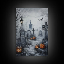 Load image into Gallery viewer, Eerie Graveyard with Pumpkins Framed Canvas Print, Halloween Wall Art, Spooky Cemetery, Home Decor, Gothic Artwork, Living Room Art, Creepy