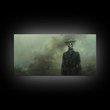 Load image into Gallery viewer, Dapper Skeleton In The Fog, Framed Canvas Print, Halloween Decor, Macabre Dark Academia Wall Art