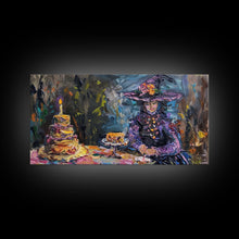 Load image into Gallery viewer, Birthday Party for One, Springtime Witch and A Birthday Cake, Framed Canvas Print, Funny Halloween Art