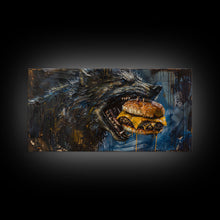 Load image into Gallery viewer, Big Ol Werewolf Having A Cheese Burger - Framed Canvas Print - Funny Halloween Art