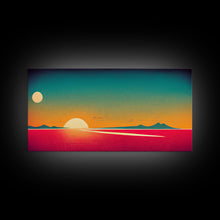 Load image into Gallery viewer, Art Deco Wall Decor, Wall Art, Framed Canvas Print, Retro Style Sunset Art, Scifi Wall Decor, 2 Suns