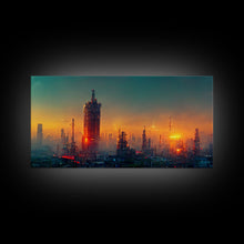 Load image into Gallery viewer, Cyberpunk city canvas art, video game concept art, living room wall art, dystopian art, outrun style city at sunset, man cave wall art
