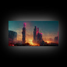 Carregar imagem no visualizador da galeria, Cyberpunk Cityscape Dystopian City Futuristic Sunset Fine Art Print, Wall Art Print, Wall Décor, Wall Poster
