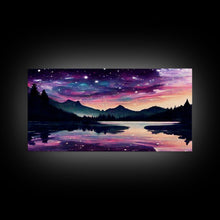 Load image into Gallery viewer, Beautiful lake at night canvas print, purple and pink sunset night sky, wall art canvas, lake front view, guest room wall art